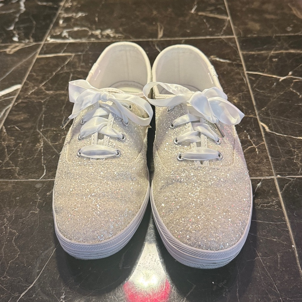 Size 8.5 Keds for Kate Spade white glitter sneakers with satin laces - Picture 2 of 9